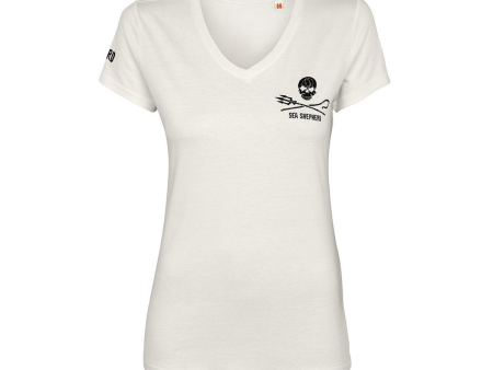 CLEARANCE - Sea Shepherd Women s Jolly Roger V-Neck Tee - White For Sale